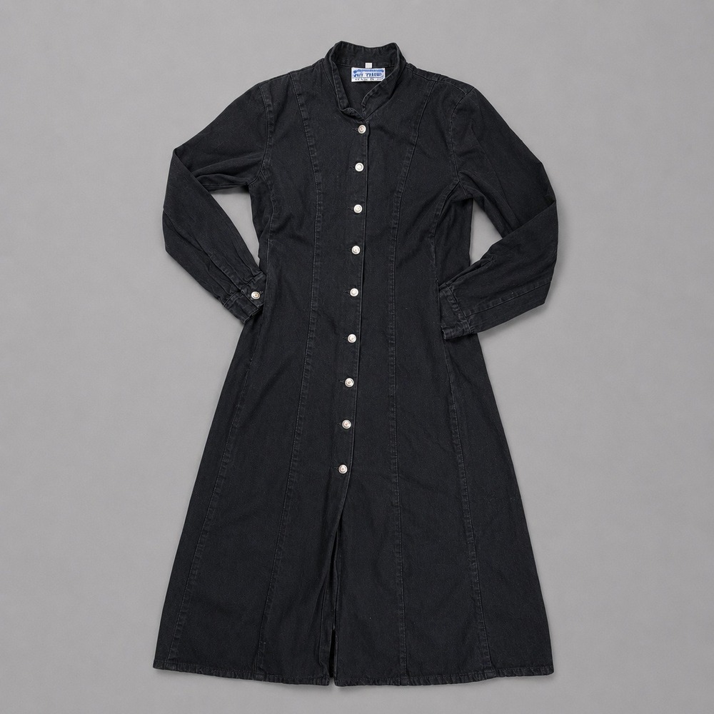 Vintage Denim Long Dress Women Medium Button Down Long Sleeve Black 90s Cottage